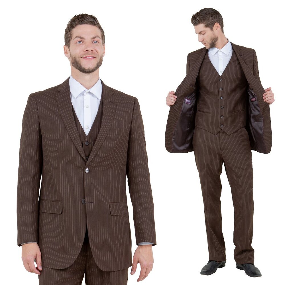 Classic Fit Pinstriped Men's 3-Piece Suit by Demantie, Brown